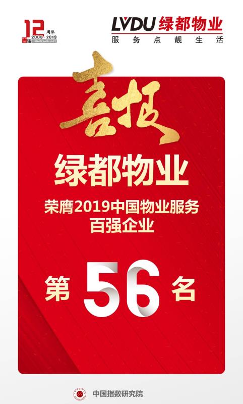 绿都物业荣登2019中国物业服务百强企业榜单 连续三年上榜